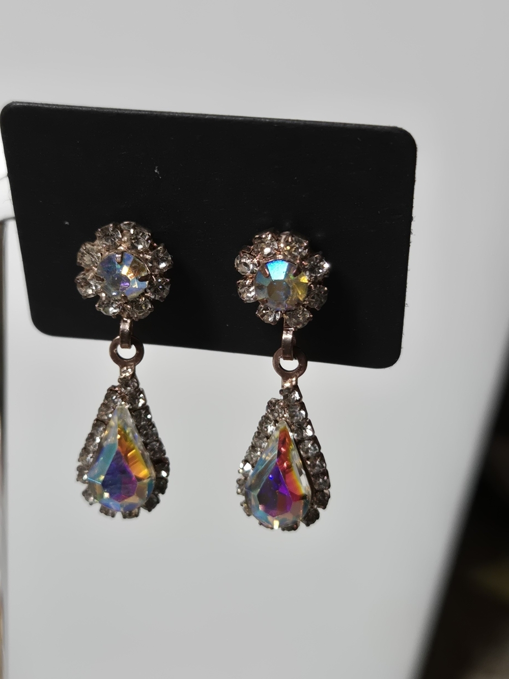 Vintage Iridescent AB Crystal Rainbow Color Teardrop Drop Earrings - Picture 2 of 14